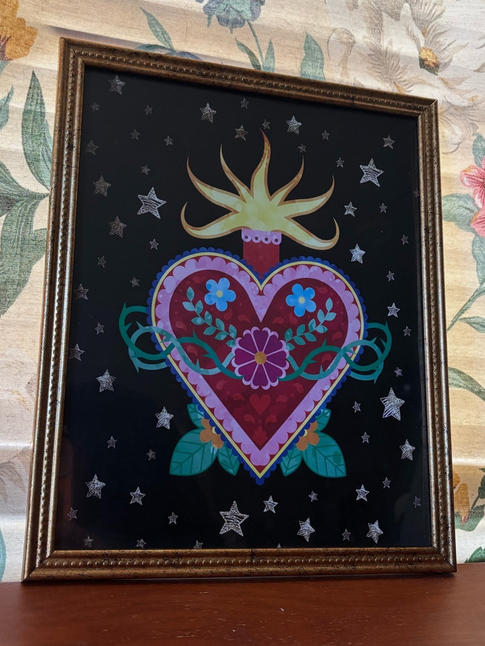 Framed Heart Folk Art Wall Print - Multicolor on Black